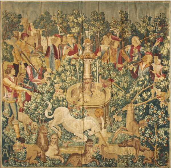 Colorful tapestry depicting a hunting scene.