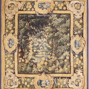 Flat-woven textile with a central dark forest landscape and wide borders featuring elaborate yellow floral cartouches.