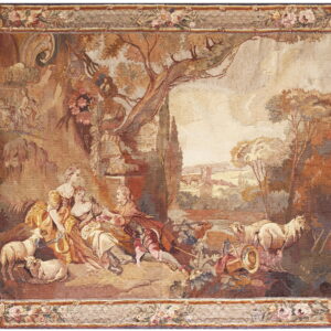 Earth-toned flatweave rug depicting a complex pastoral landscape with reclining figures, sheep, and a floral border.
