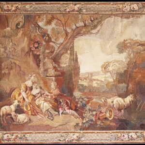 Flatwoven rug in browns and beige depicting a pastoral scene with figures and sheep, framed by a detailed floral border.