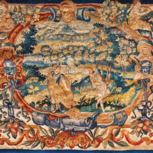 Colorful floral tapestry with pastoral scene.