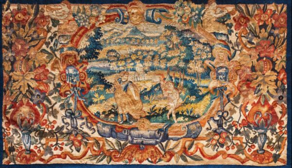 Colorful floral tapestry with pastoral scene.