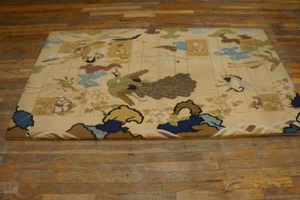 Low-pile beige rug with an illustrative pattern of stylized birds, clouds, and flowers on a wood floor.