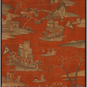 A vertical Oriental style rug depicts a detailed river scene with ships, figures, and mountains on a vibrant red ground.