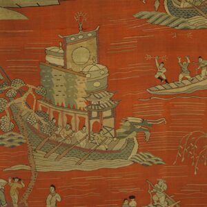 Low-pile rug with a terracotta scenic pattern of dragon boats, figures, trees, and water rendered in tan and gray.