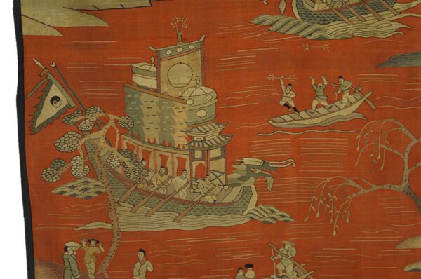 Low-pile rug with a terracotta scenic pattern of dragon boats, figures, trees, and water rendered in tan and gray.
