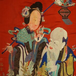 Flatweave textile in bright red with a detailed multi-color figural pattern on light brown wood flooring.