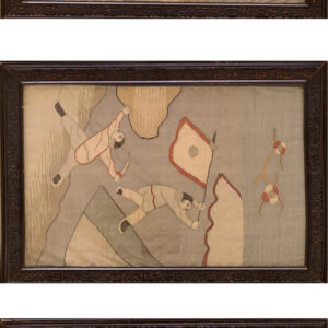 Three framed tapestry panels depict warriors running, fighting with swords, and riding horses against a gray sky.