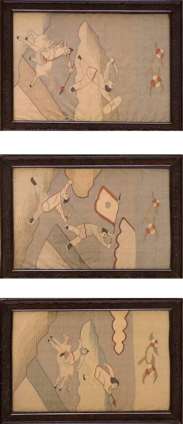 Three framed tapestry panels depict warriors running, fighting with swords, and riding horses against a gray sky.