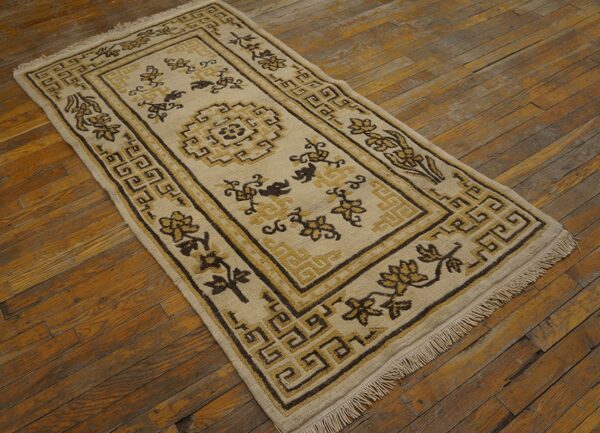 Beige runner rug with brown and yellow traditional motifs and fringe on distressed wood flooring.