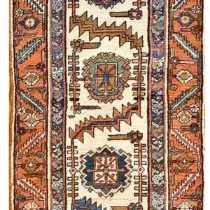 Antique Tribal Geometric Design Ivory Background Persian Bakshaish Hallway Runner Rug by Rugs On Net