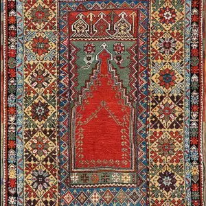 Antique Tribal Geometric Islamic Prayer Design Late 19th Century Turkish Knoya Mujur Rug by Rugs On Net