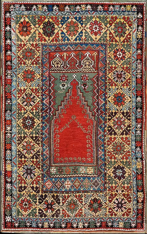 Antique tribal geometric islamic prayer design late 19th century turkish knoya mujur rug by rugs on net
