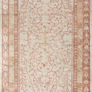 Rectangular cream rug featuring a large terracotta vine pattern and multiple patterned borders.