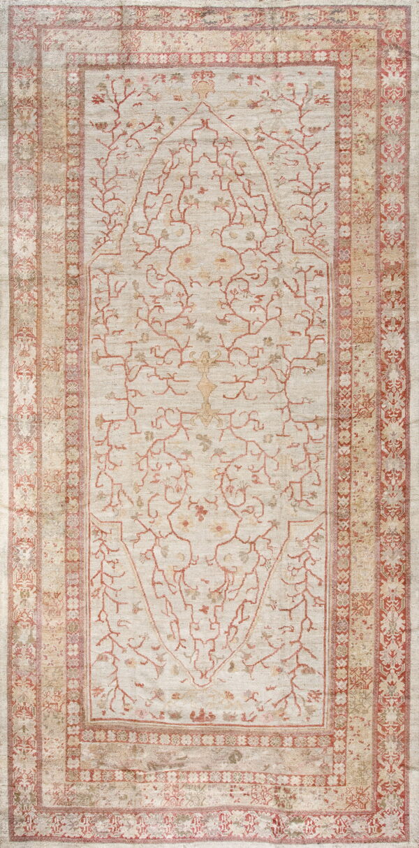 Rectangular cream rug featuring a large terracotta vine pattern and multiple patterned borders.