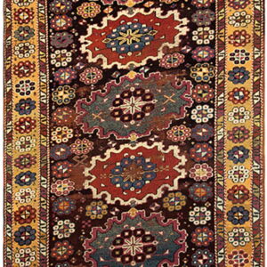 Geometric runner rug featuring a dark center field with stepped red and teal medallions and a mustard floral border.