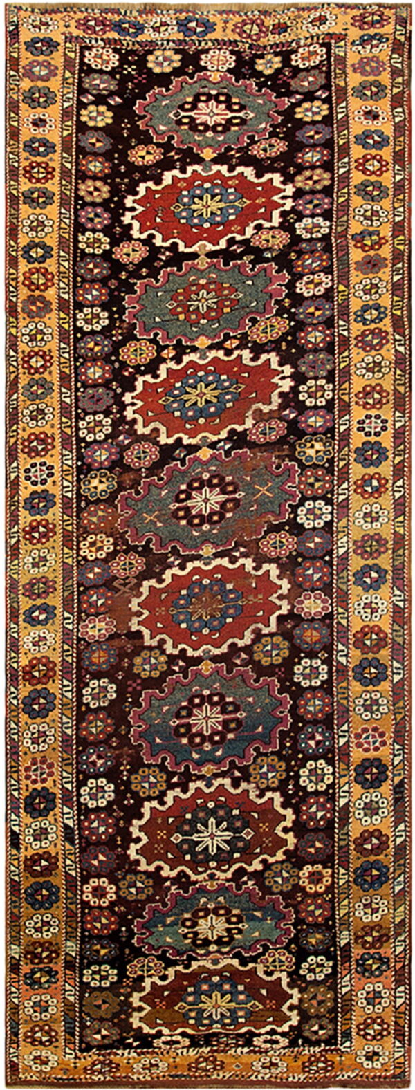 Geometric runner rug featuring a dark center field with stepped red and teal medallions and a mustard floral border.