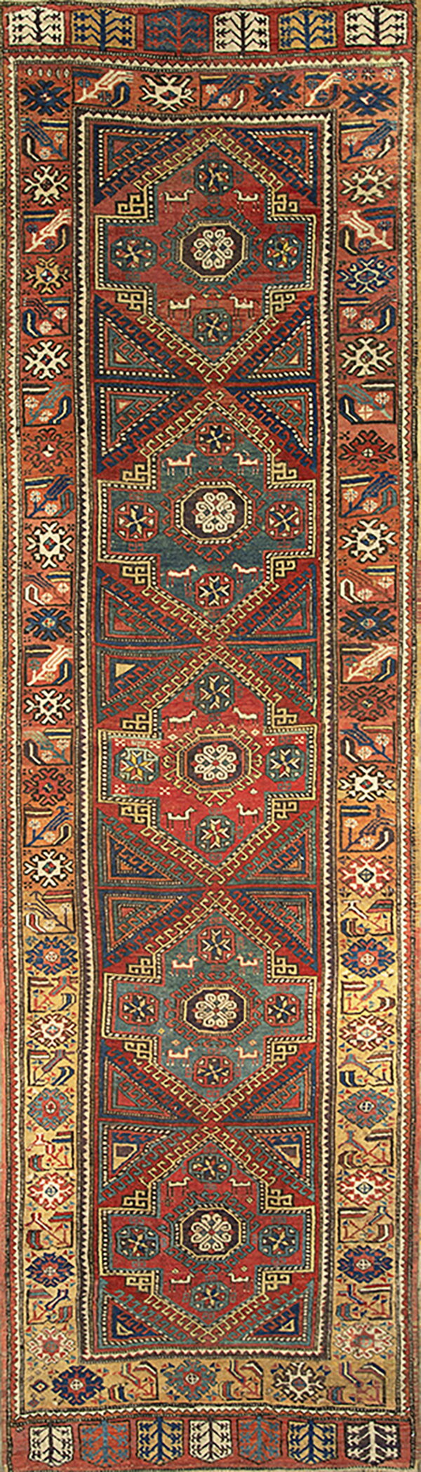 Vertical runner featuring intricate red, deep blue, and gold geometric stepped medallion designs.