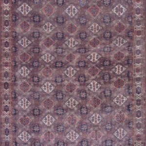 Muted purple, navy, and terracotta rug with an all-over repeating geometric diamond pattern and structured border.