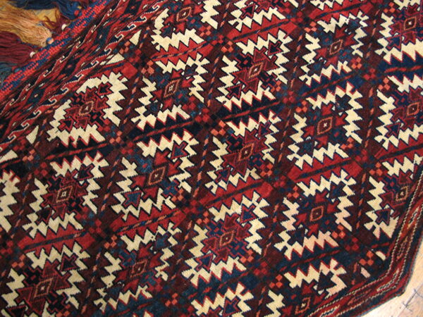 Geometric rug pattern in red, navy, and cream, featuring thick fringe and visible wooden floor.