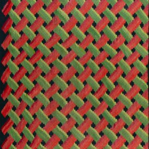 Geometric flat-weave rug featuring a red and green diagonal basket-weave pattern against a black field.