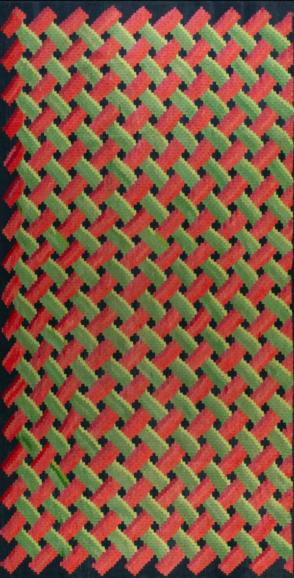 Geometric flat-weave rug featuring a red and green diagonal basket-weave pattern against a black field.