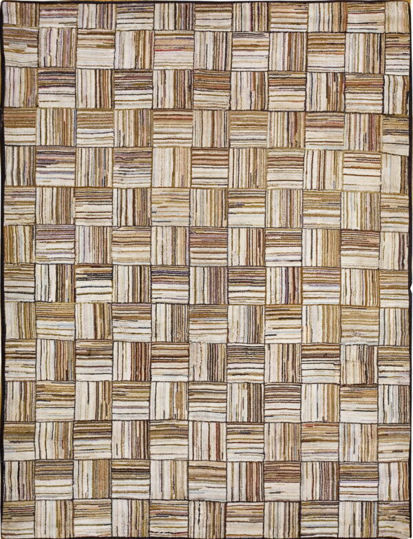 Checkerboard rug composed of textured squares filled with cream, tan, and brown neutral stripes.