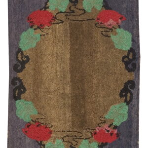 Dark blue hooked rug with a brown central field and red and mint green floral scrolling motifs.