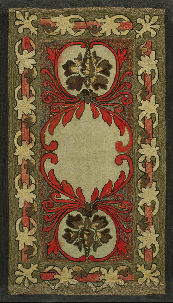 Highly textured rug featuring a central cream medallion, bold red scrolls, brown foliage, and an olive green border.