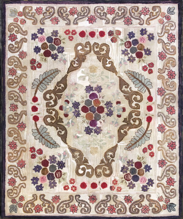 Floral hooked rug featuring a cream background, purple border, and multicolored bouquets with brown scrollwork.