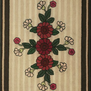 Beige striped runner rug featuring a central motif of red and pink flowers, framed by a dark brown border.