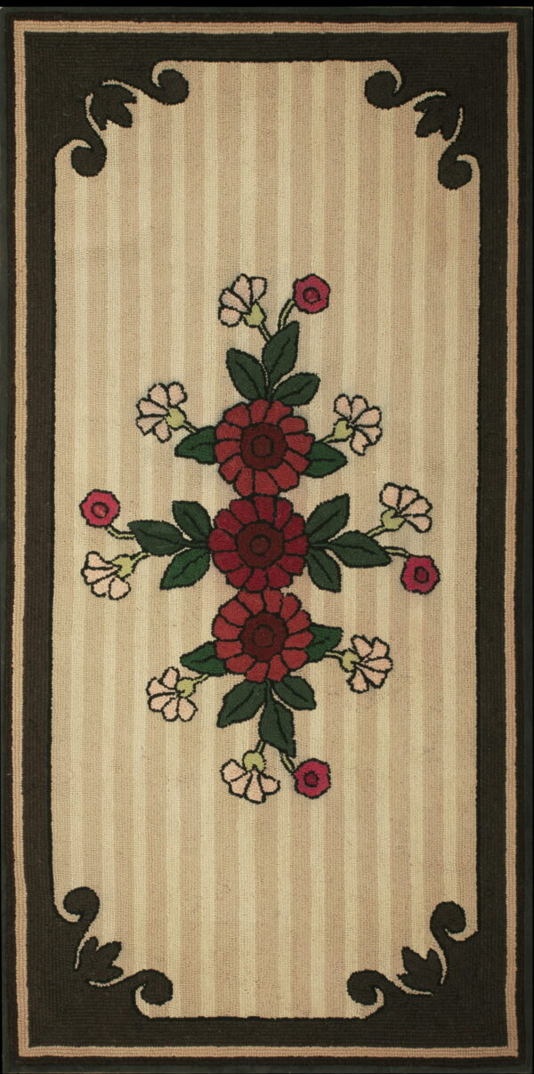 Beige striped runner rug featuring a central motif of red and pink flowers, framed by a dark brown border.
