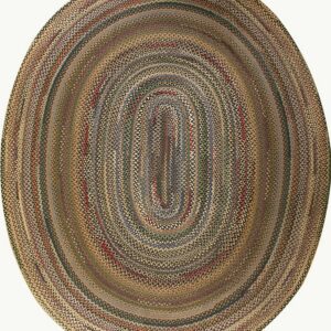 A multicolored oval braided rug with concentric rings of brown, gray, and tan fibers.