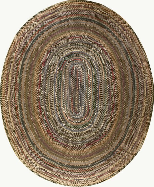 A multicolored oval braided rug with concentric rings of brown, gray, and tan fibers.