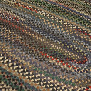 Muted multicolored braided rug featuring visible strands of blue, gray, red, and tan woven fabric.