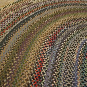 Close-up of a multicolored, braided rug featuring concentric rows on light wood plank flooring.