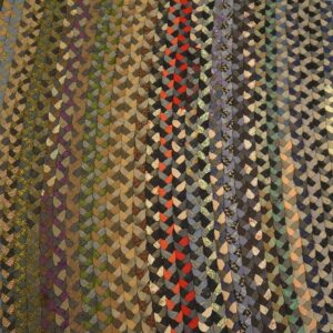 Muted multicoloured braids form distinct vertical columns in gray, green, tan, blue, and red accents.