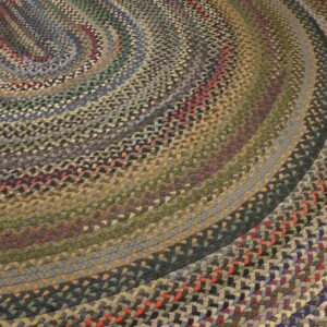 Close-up of a multi-colored braided rug showing concentric oval rings of blue, gray, brown, and red accents.