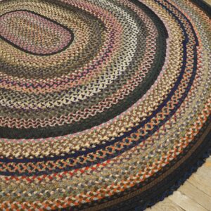 Multicolored braided oval rug with pink, tan, navy, and brown concentric rings on distressed wood flooring.