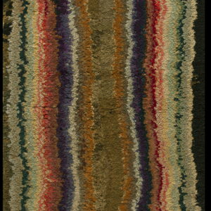 High-pile rug with a textured moss green center stripe and vertical wavy bands of red, purple, and gold.
