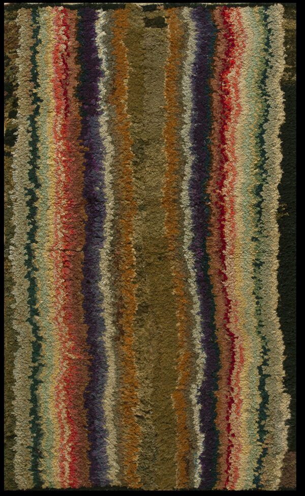 High-pile rug with a textured moss green center stripe and vertical wavy bands of red, purple, and gold.