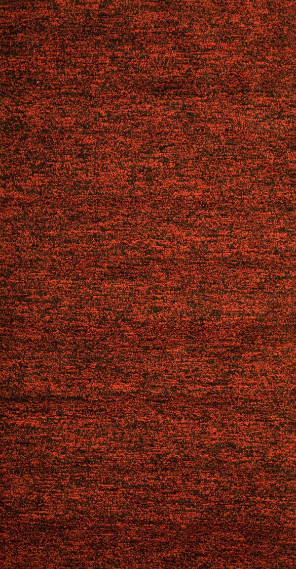 Textured, short-pile rug with densely mixed rust orange and black threads.