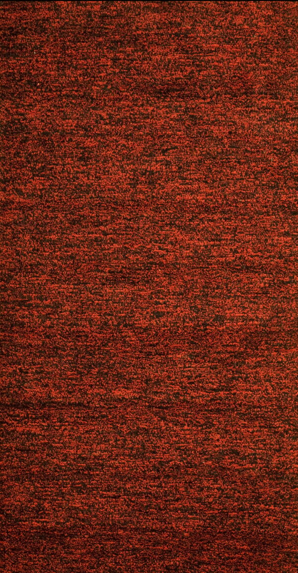 A speckled, textured rug surface in dense rust red and black fibers.