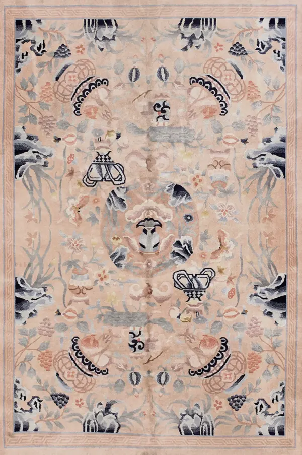 Antique wool pile chinese art deco design ivory cream color rug