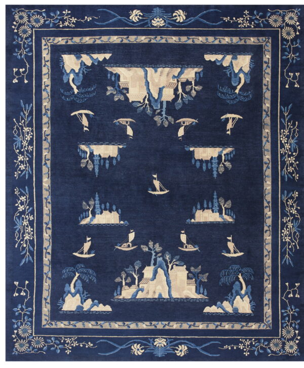 Detailed beige and blue chinoiserie landscape scene on a deep indigo field with decorative floral borders.