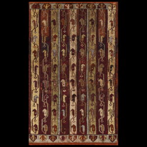 Geometric rug featuring vertical alternating red and gold stripes with complex stylized designs.