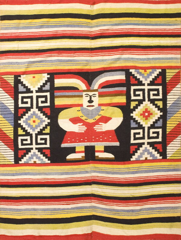 Multicolored striped flatweave rug with a central black panel featuring a stylized white figure and geometric patterns.