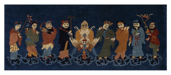 Deep blue rug featuring nine colorful stylized figures standing on a border of dark blue cloud motifs.