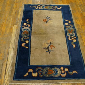 Tan area rug with a wide blue border, antique-style medallions, and low pile on distressed wooden planks.
