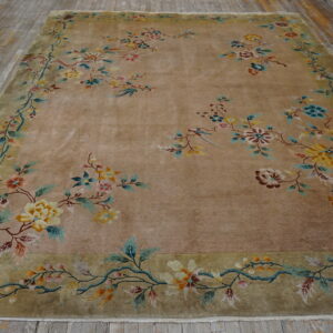 Tan field rug with sprawling multicolored floral vines and a wide sage border on gray wood flooring.